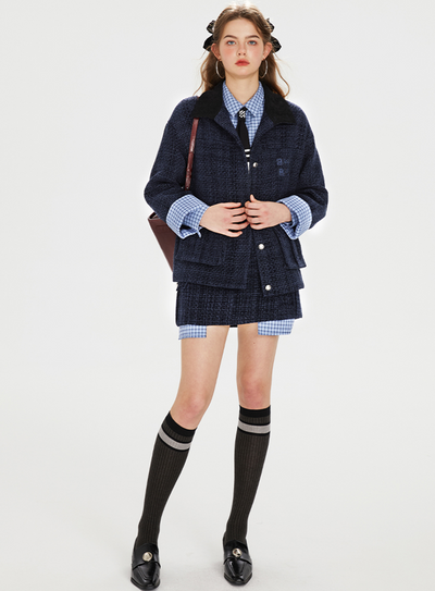 Retro Wappen Embroidery Thick Casual Jacket & Miniskirt BOH0073