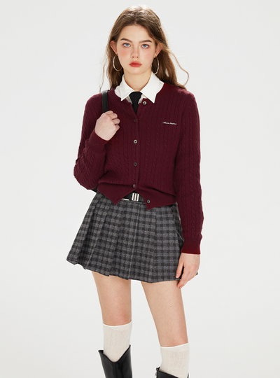 Wine red slim cable knit cardigan & polo knit short sleeve top BOH0074