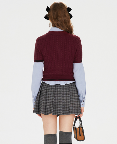 Wine red slim cable knit cardigan & polo knit short sleeve top BOH0074