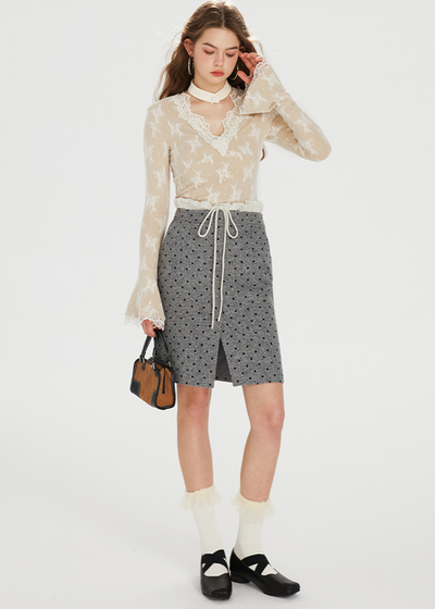 Waist Ruffle Dot Pattern Wool Slit Skirt BOH0077