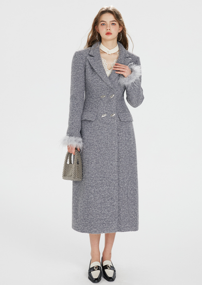 Waist Slim Wool Coat with Long Fur Sleeve Design BOH0081