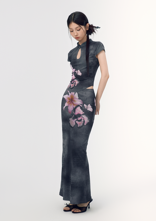 China Style Retro Print Back Open Top & Slit Long Skirt WOO0105