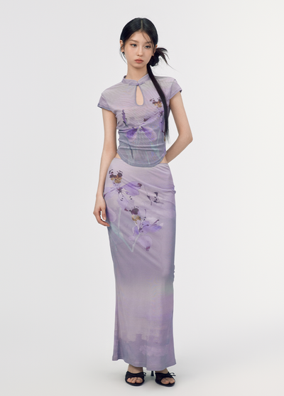 China Style Retro Print Back Open Top & Slit Long Skirt WOO0105