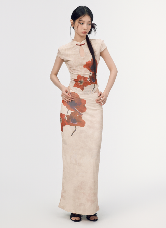 China Style Retro Print Back Open Top & Slit Long Skirt WOO0105