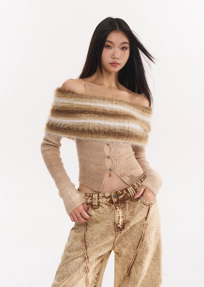 Gradient color one shoulder slim short pit sweater NOT0255