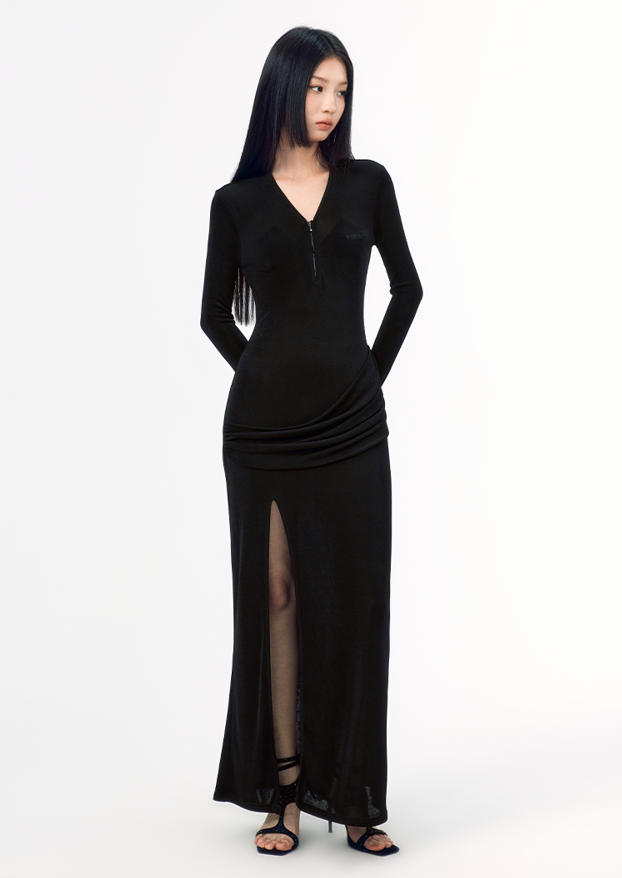 Zip V-Neck Long Slit Slim Dress WOO0115