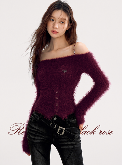 Off-the-shoulder Fur Slim Button Tops WOO0122