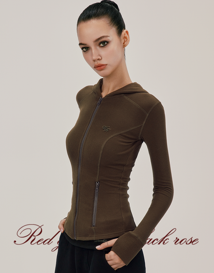 Slim Hoodie Top with Ribbed Knit Zip Design WOO0123