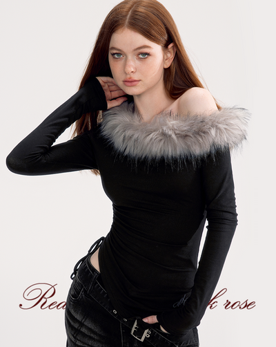 Long Fur One Shoulder Design Irregular Hem Slim Top WOO0124