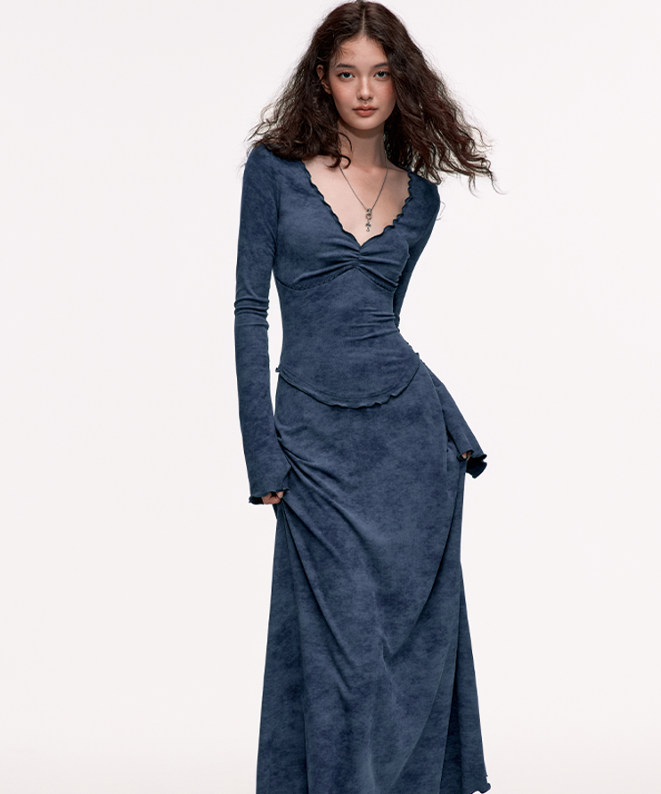 Elegant ruffle design V-neck slim long dress WOO0125