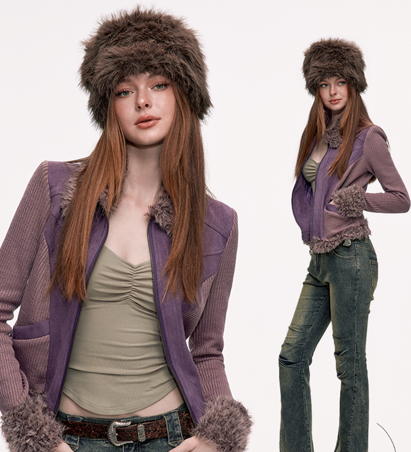 Different Material Docking Suede Slim Zip Fur Jacket WOO0127