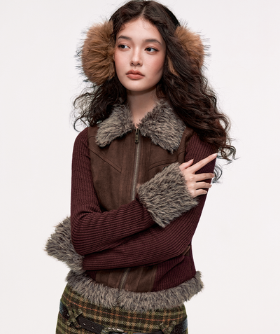 Different Material Docking Suede Slim Zip Fur Jacket WOO0127