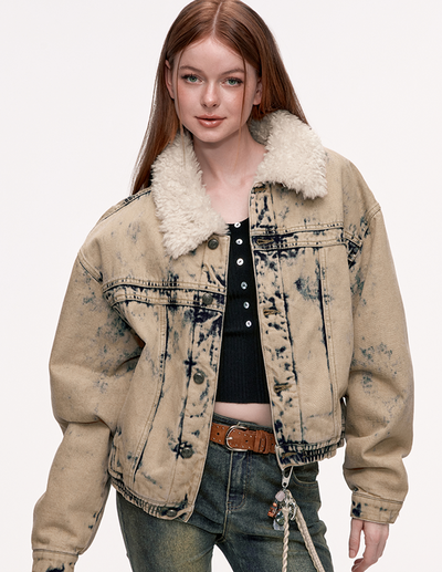 Fur Collar Hem Gathered Denim Loose Jacket WOO0128