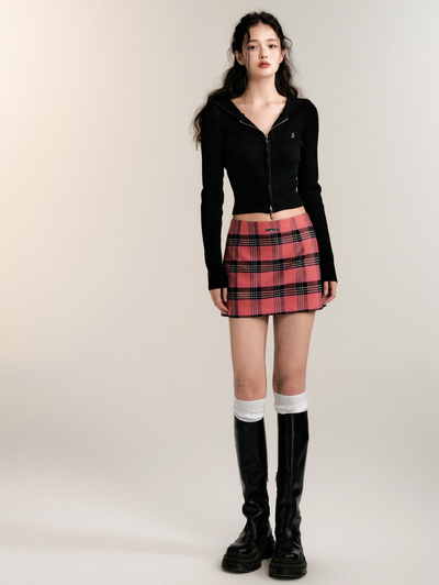 Red plaid low waist skirt LUL0102