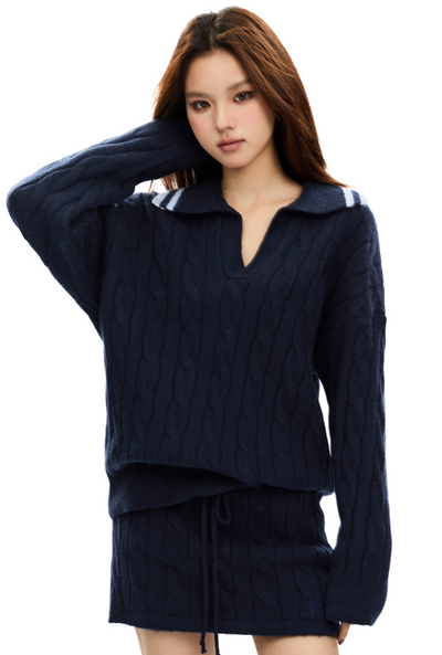 Long Sleeve Polo Style Cable Knit Top & Miniskirt APE0340