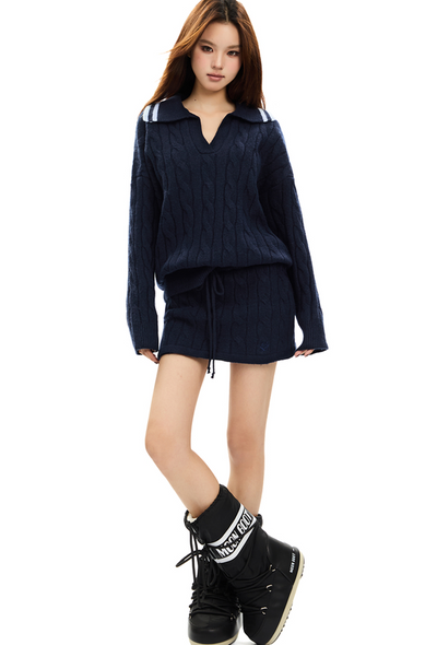 Long Sleeve Polo Style Cable Knit Top & Miniskirt APE0340