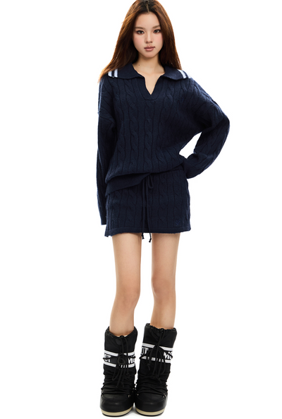 Long Sleeve Polo Style Cable Knit Top & Miniskirt APE0340