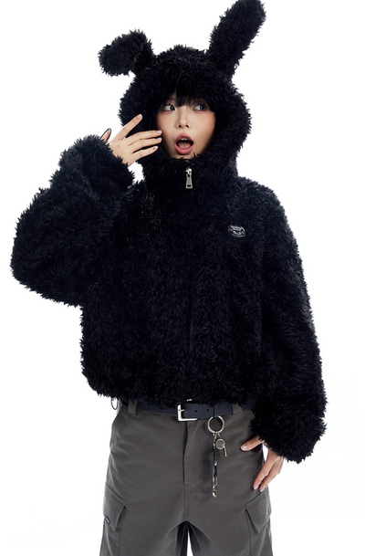 Rabbit Ear Hoodie Plush Fur Zip Jacket APE0341