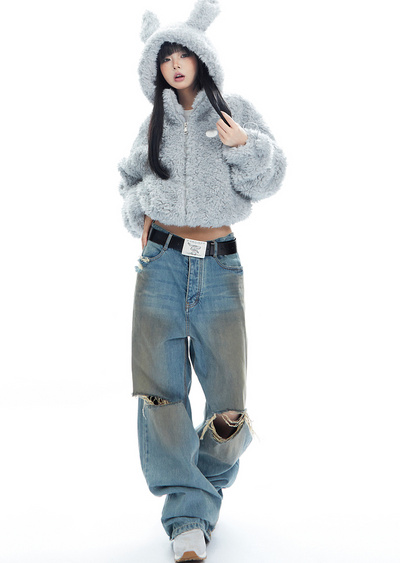 Rabbit Ear Hoodie Plush Fur Zip Jacket APE0341