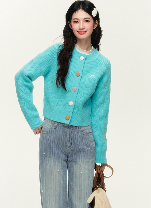 Colorful Button Cable Knit Cardigan & Plaid Skirt & Pants NTO0140