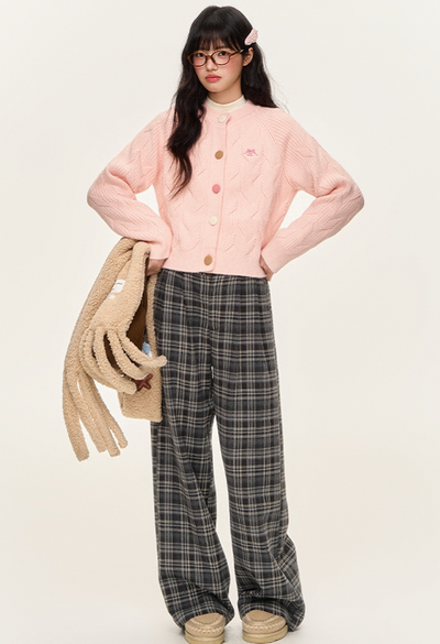 Colorful Button Cable Knit Cardigan & Plaid Skirt & Pants NTO0140