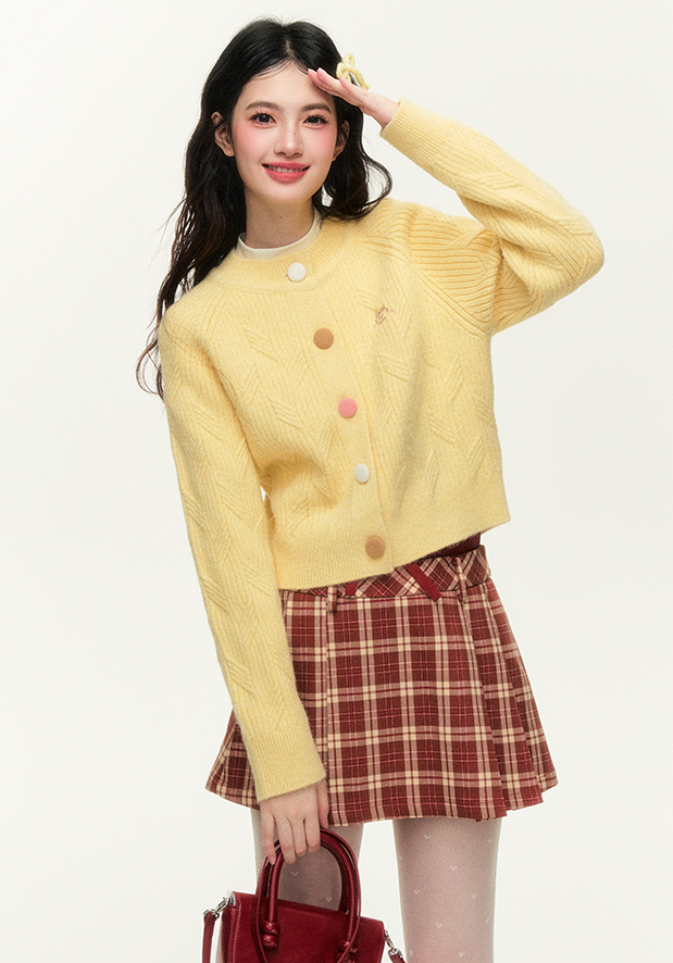 Colorful Button Cable Knit Cardigan & Plaid Skirt & Pants NTO0140