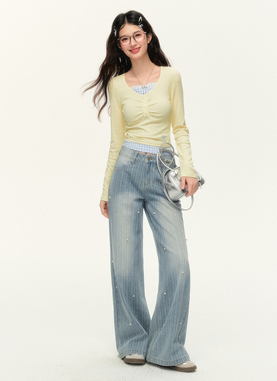 Pearl Embroidery Stripe Design Washed Denim Wide Pants NTO0142