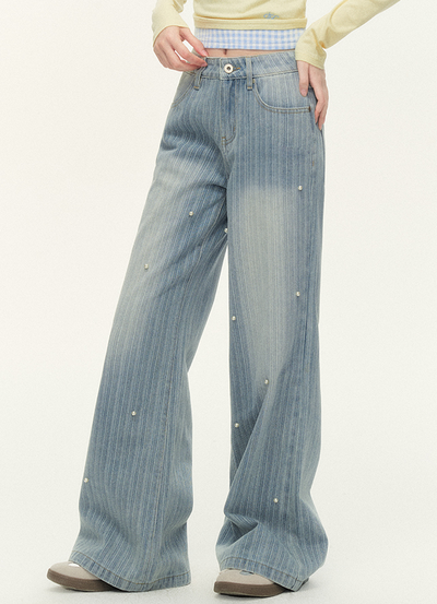 Pearl Embroidery Stripe Design Washed Denim Wide Pants NTO0142