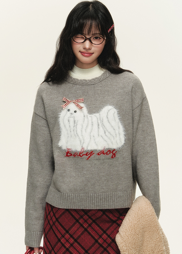 Dog Pattern Jacquard Round Neck Sweater NTO0143