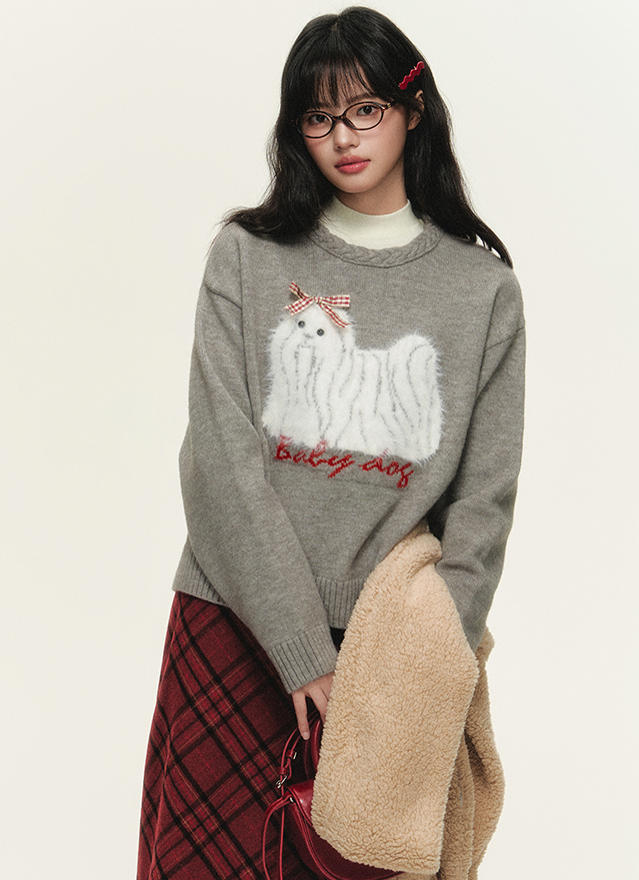 Dog Pattern Jacquard Round Neck Sweater NTO0143