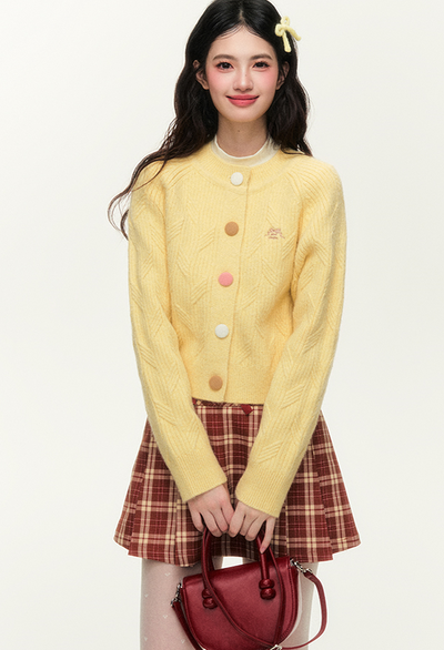 Colorful Button Cable Knit Cardigan & Plaid Skirt & Pants NTO0140