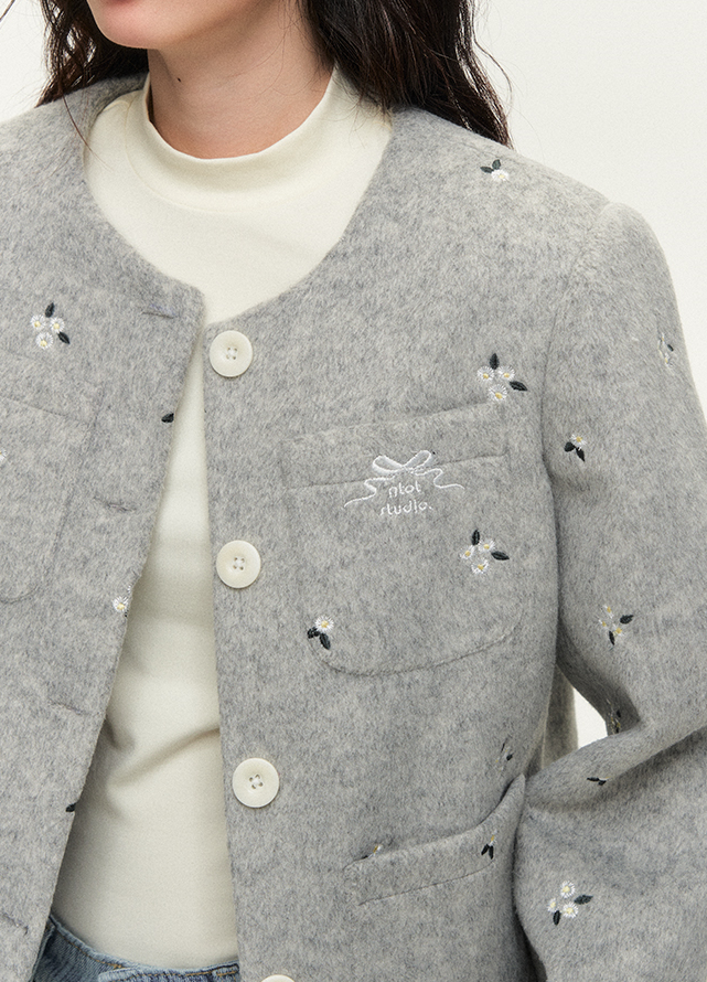 Lamb-wool blend pocket jacket with floral embroidery NTO0144