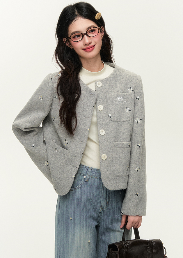 Lamb-wool blend pocket jacket with floral embroidery NTO0144