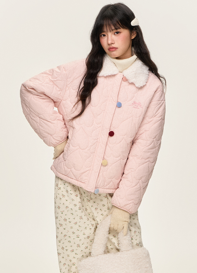 Colorful Button Fur Collar Quilted Jacket NTO0145