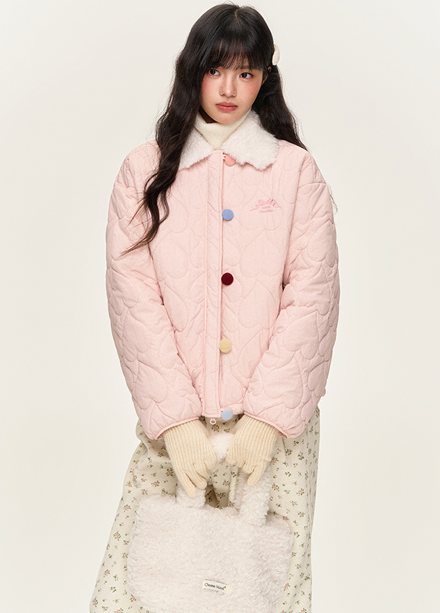 Colorful Button Fur Collar Quilted Jacket NTO0145