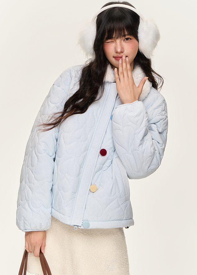 Colorful Button Fur Collar Quilted Jacket NTO0145