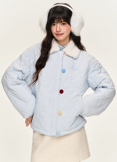 Colorful Button Fur Collar Quilted Jacket NTO0145