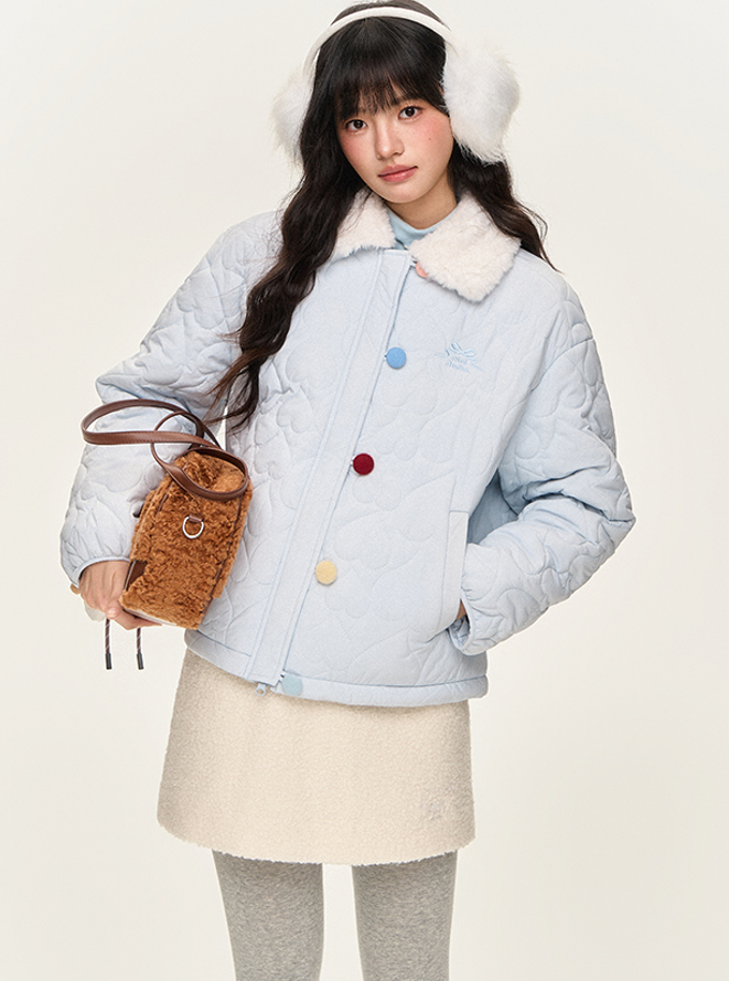 Colorful Button Fur Collar Quilted Jacket NTO0145