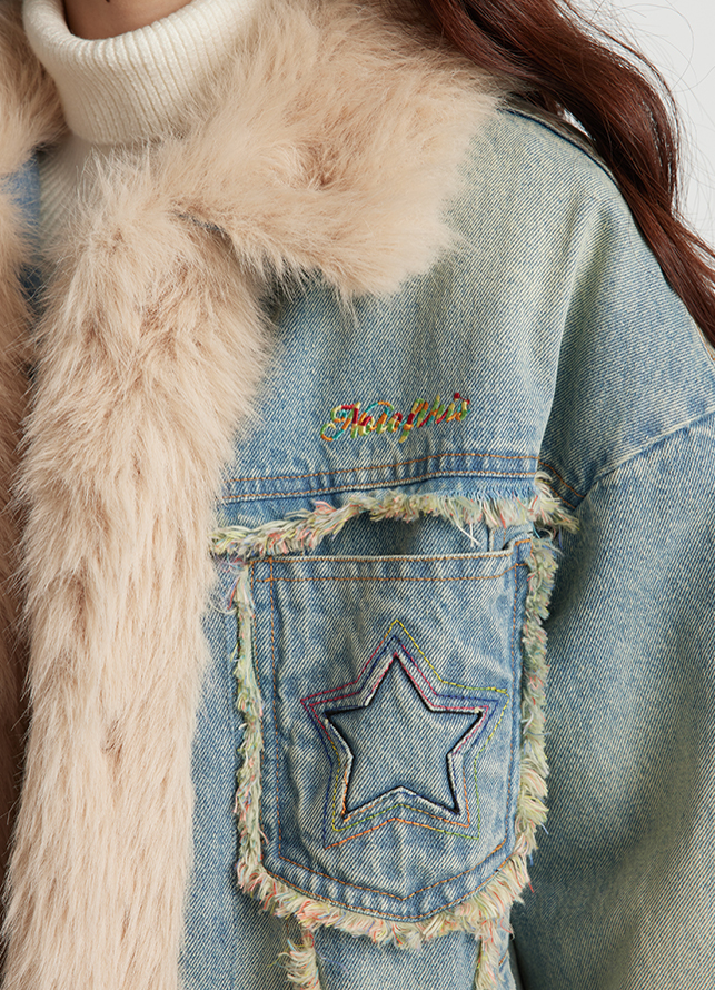 Star Pocket Denim Color Long Fur Cotton Jacket NTO0149