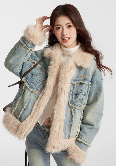 Star Pocket Denim Color Long Fur Cotton Jacket NTO0149