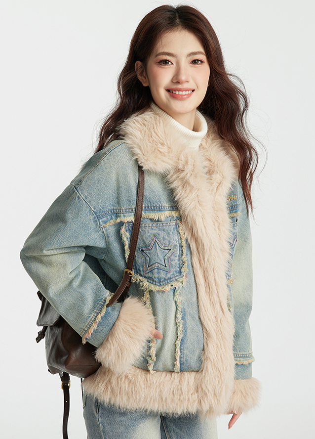 Star Pocket Denim Color Long Fur Cotton Jacket NTO0149