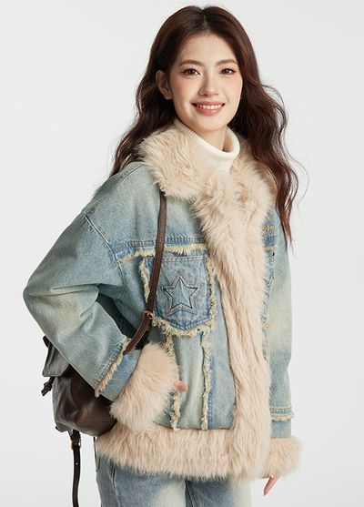 Star Pocket Denim Color Long Fur Cotton Jacket NTO0149