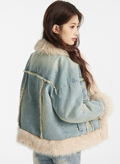 Star Pocket Denim Color Long Fur Cotton Jacket NTO0149