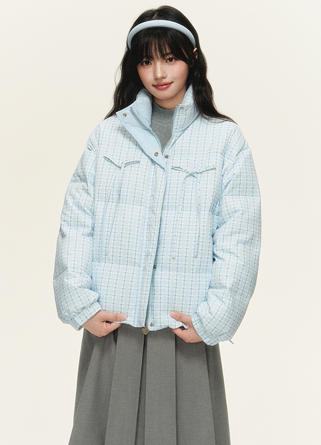 Stand collar pastel check design ribbon jacket NTO0151