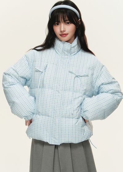 Stand collar pastel check design ribbon jacket NTO0151