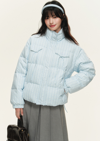 Stand collar pastel check design ribbon jacket NTO0151