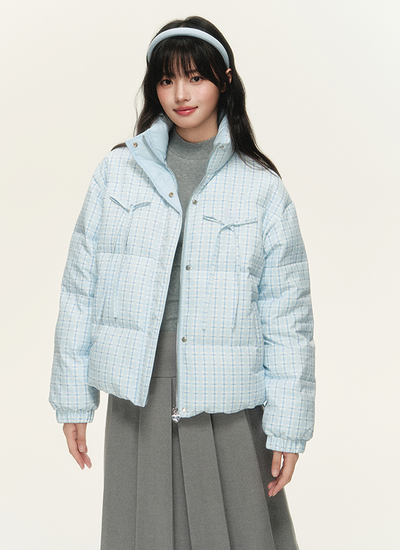 Stand collar pastel check design ribbon jacket NTO0151