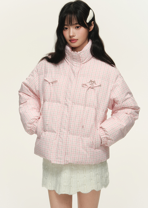 Stand collar pastel check design ribbon jacket NTO0151