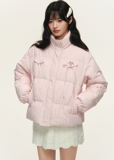 Stand collar pastel check design ribbon jacket NTO0151