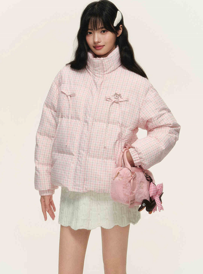 Stand collar pastel check design ribbon jacket NTO0151